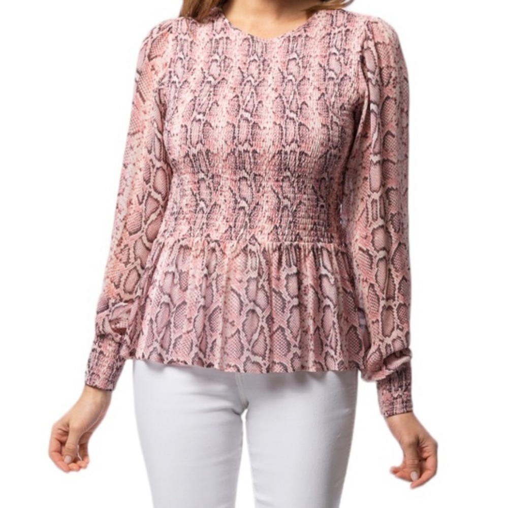 Tyler Boe Pink/Grey Snake Print Smocked Peplum Greta Blouse S